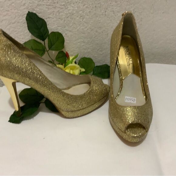 MICHAEL KORS Gold Sparkle Glitter Platform Peep Toe Pump Heels Sz 6